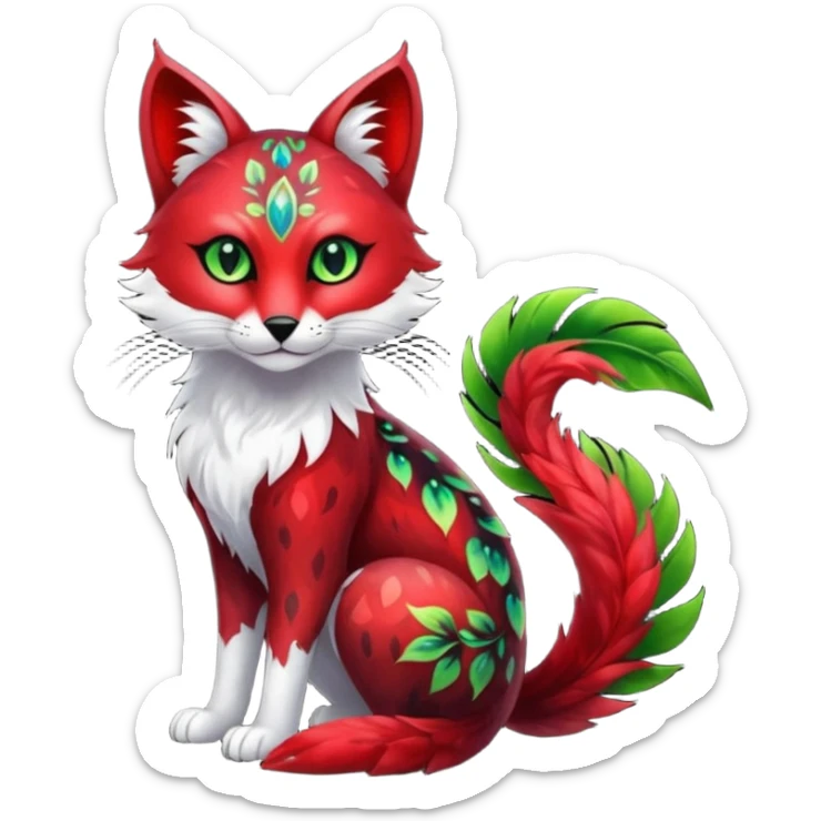 Colorful dark tropical sanguine-red, black, white fur, with green eyes, iridescent glorious divine exotic cute cool beautiful shiny beautiful floral fantasy-caracal-civet-genet-sergal-vernid-Cacomistle-oncilla-animal-Fakémon-hybrid-fursona with pattern markings (full body) sticker
