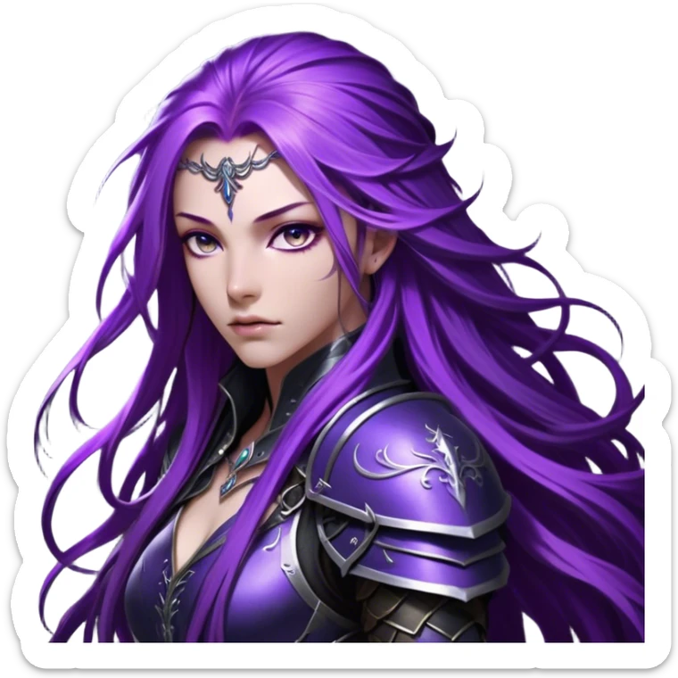 A mysterious warrior girl with long, flowing purple hair cascading down her back, strands catching the dim light like silk. Her piercing violet eyes glow beneath her furrowed brow, sharp with determination and wisdom beyond her years. She wears sleek black armor, a perfect fusion of elegance and lethality, adorned with intricate silver engravings resembling ancient runes. A dark cape billows behind her, torn at the edges from countless battles. Her gauntleted hands rest on the hilt of a slender, obsidian-hued sword, its blade humming faintly with hidden power.  sticker