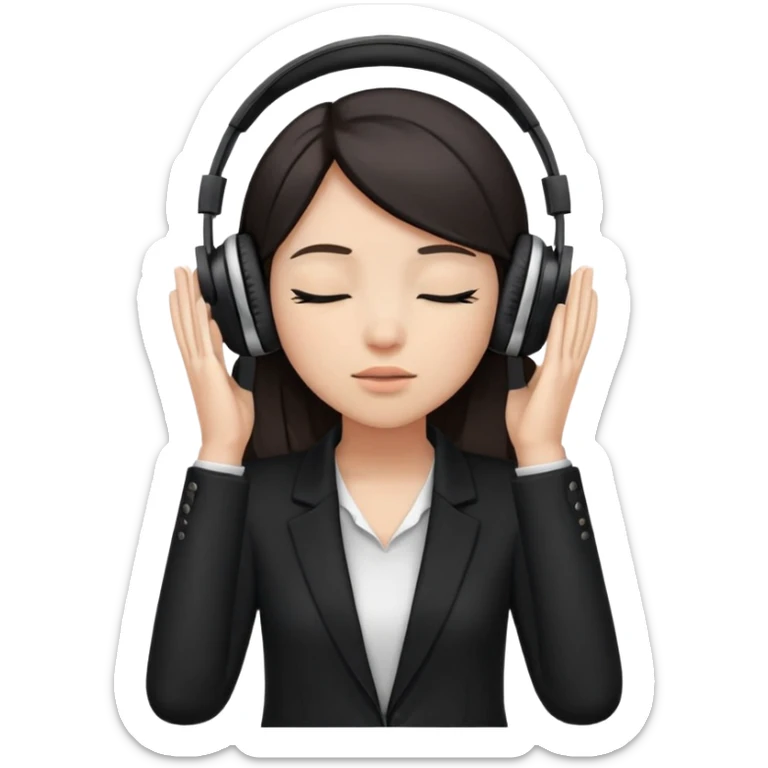 Girl with dark hair, wearing a black blazer, wearing headphones, her hands are on her ears, and her eyes are close sticker