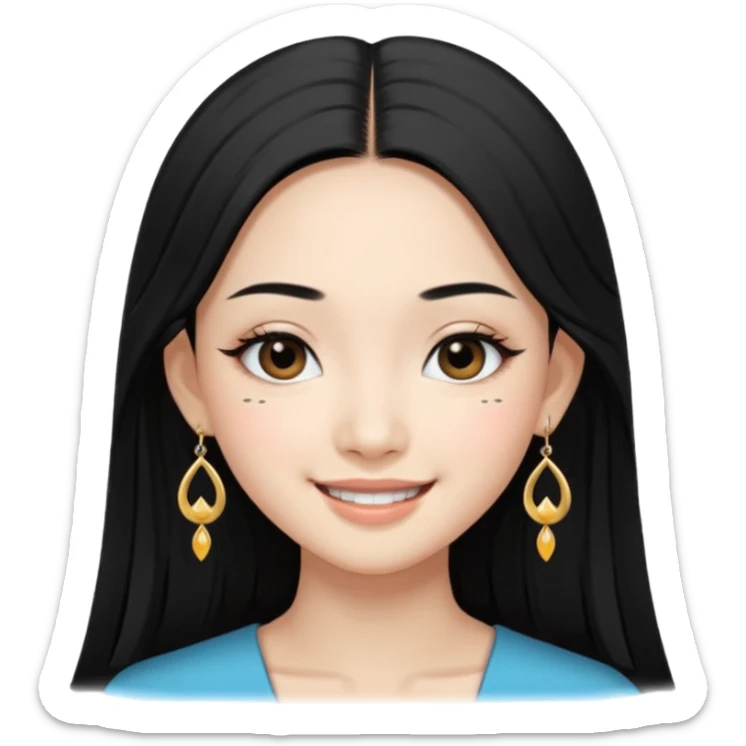 A Asian girl with fare skin and earrings, long straight black hair that is covering her checks with black eyes, smiling with a open wings eyeliner sticker