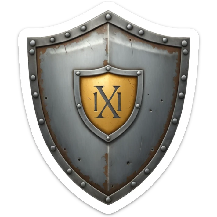 a battle worn steel shield with engraved roman numerals XXX, the roman numerals should be prominent and in the center of the shield sticker