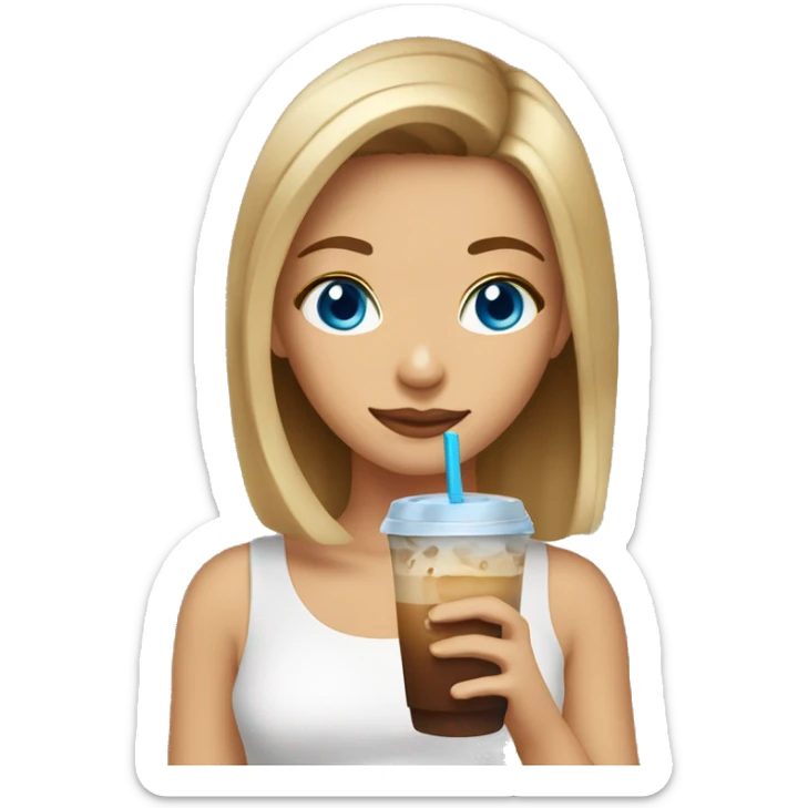 Girl with blue eyes brown hair with blonde highlights sipping iced coffee sticker