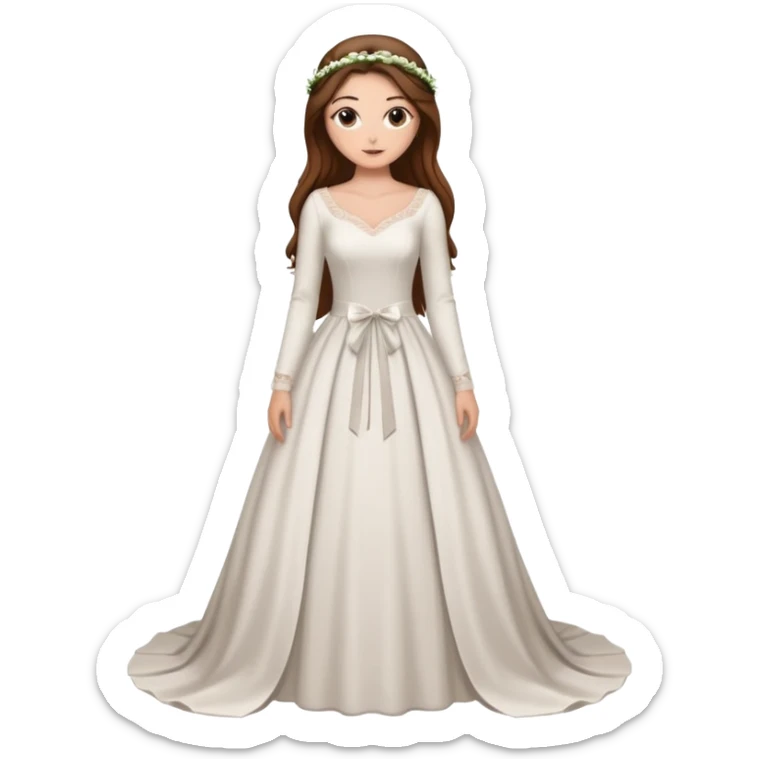 Chica blanca ,ojos marrones, vesti novia sexy manga largo,  cuerpo entero ,pelo muy largo castaño y recogido sticker