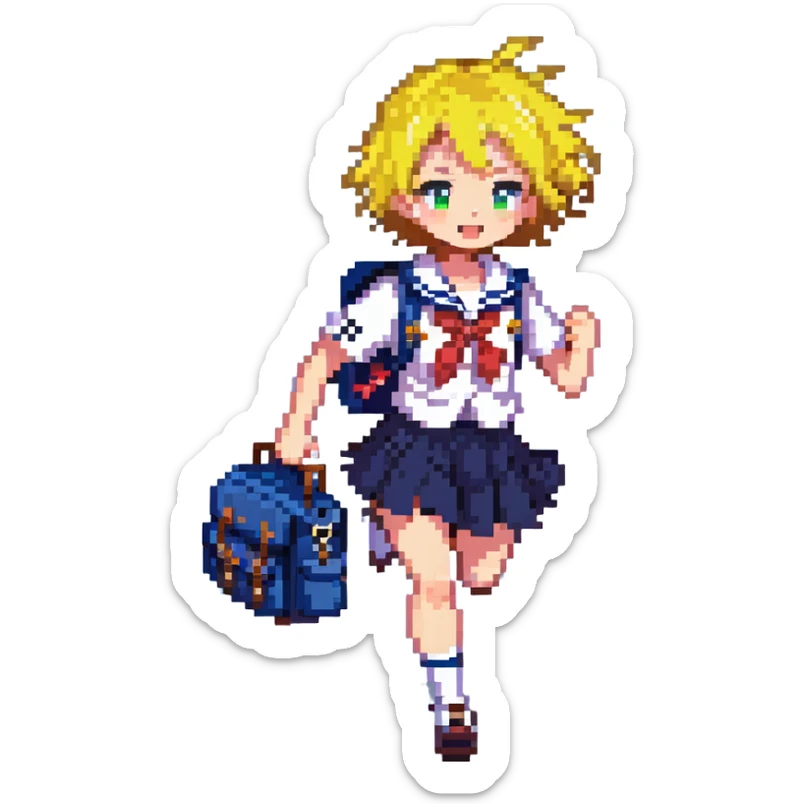 Pixel art anime girl with short bright yellow hair wearing Japanese sailor style school uniform, running energetically with school bag, happy determined expression sticker