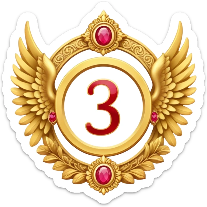 Third place award number in frame decorated with golden angel  wings and rubby stone sticker