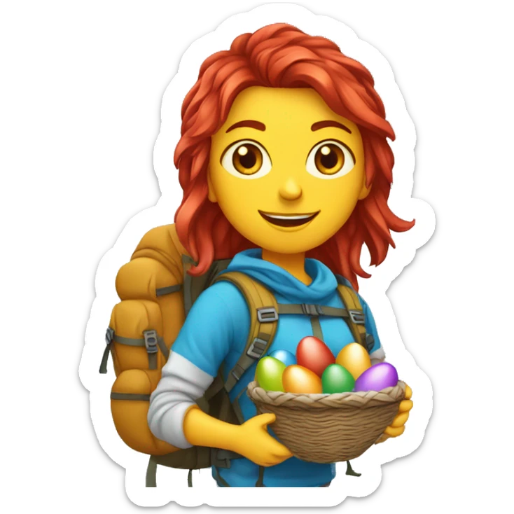 Female winter mountain climber red loose hair climbing with Greek flag on backpack and holding Easter eggs basket sticker