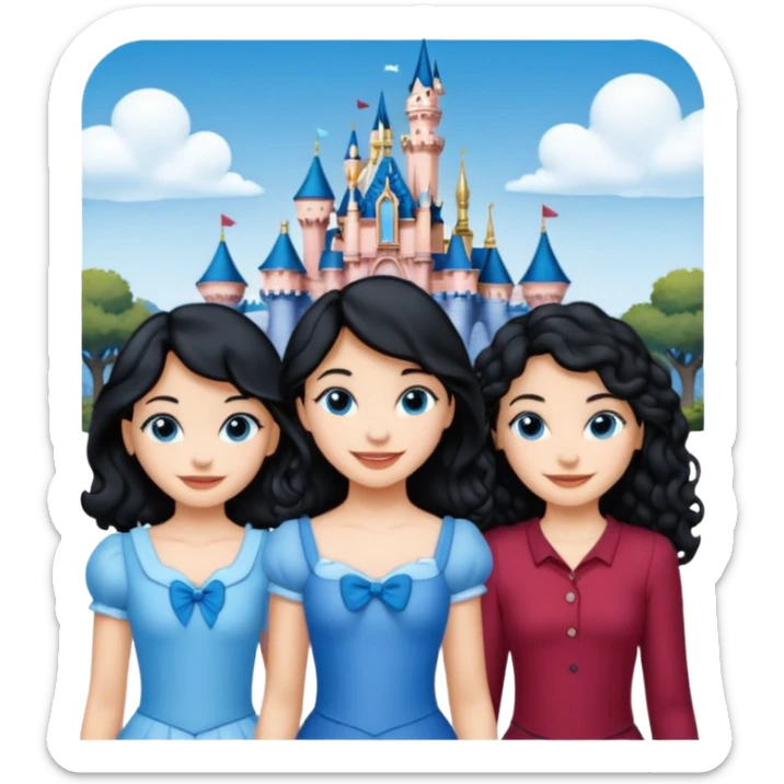 escribe el nombre Disneyland Paris y para titulo, pon a quatro chicas: una pelo corto negro, una pelo rizado largo, una pelo largo liso y la otra pelo ondulado mediano, esta con el ojos azules. Haz un cuadrado rectangular grande y por los lados pon a las chicas que te he descrito sticker
