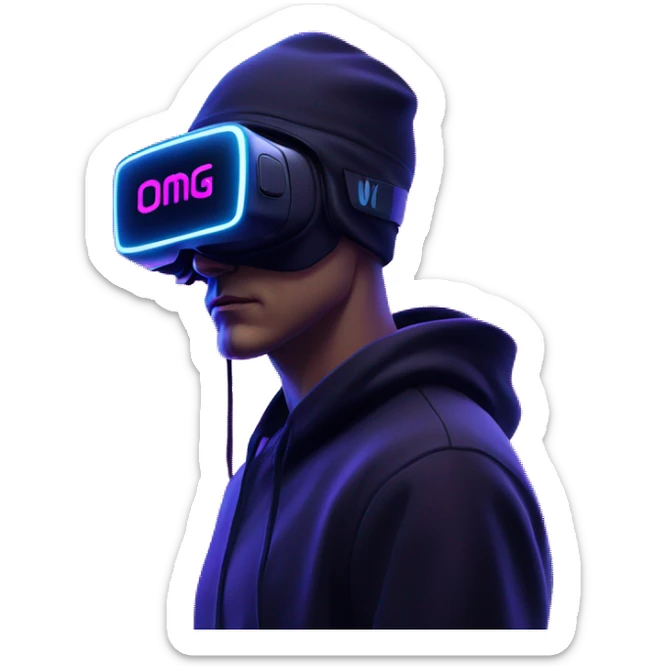 Russian man wearing a black hoodie with "OMG" letters on it and VR headset in a cyberpunk VR environment with violet neon lighting. sticker