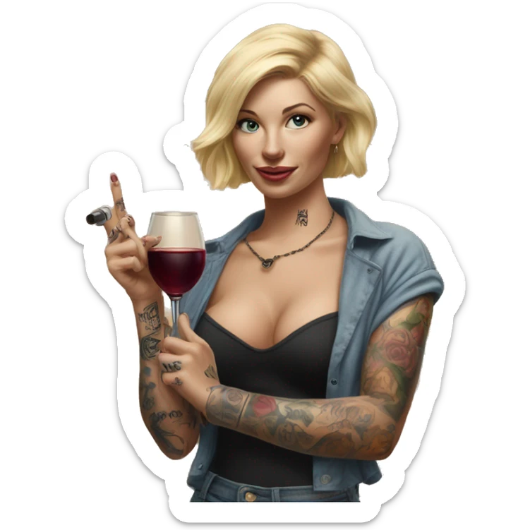 Blonde women in, her body covered with tattoos, wine in her one hand, pointing cat with her other hand, Hyper realistic  sticker