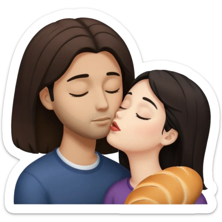 White woman with brown hair with eyes closed kissing forehead of brown man with black hair and a bread with eyes also closed sticker