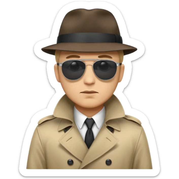 spy wearing sunglasses, a fedora and trench coat.  He is looking menacingly ahead.  sticker