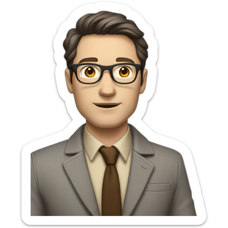 Full height Pale skinned fit man with dark brown hair in gray jacket, beige office shirt, brown tie, brown pants and vintage glasses. His right hand stretched out sticker
