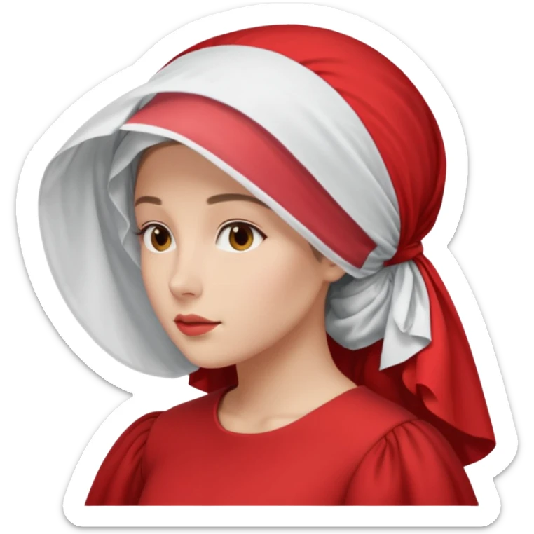 mujer de perfil con un vestido rojo de manga y falsas largas y voluptosas, y una toca blanca GRANDE que no se le ve la cara porque la toca la cubre sticker