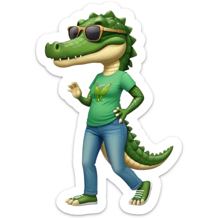 anthropomorphised female crocodile in a band t-shirt and jeans with sunglasses walking upright, relaxed pose sticker