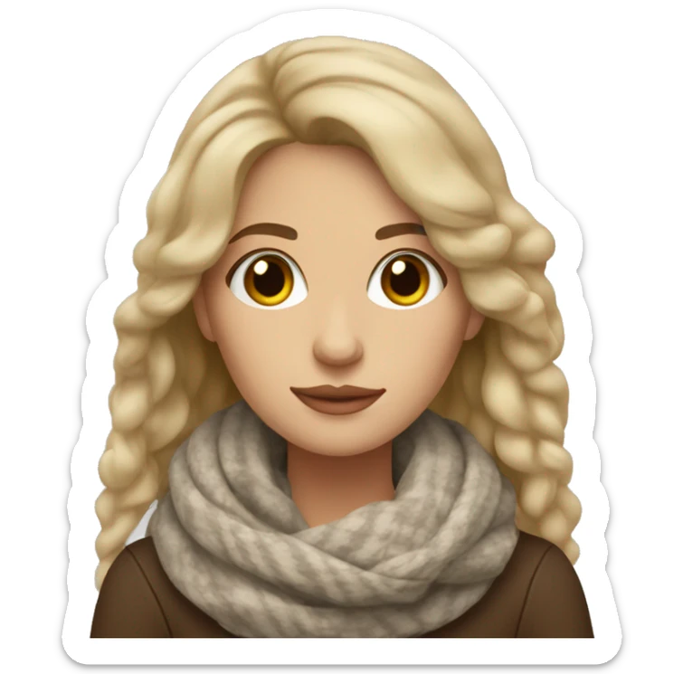 Dark blonde hair woman with brown eyes cozy scarf with coffee sticker
