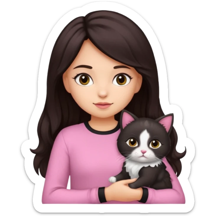 Uma menina com cabelo cacheado longo preto com olhos castanhos pele morena vestindo uma blusa rosa  segurando um gatinho  sticker