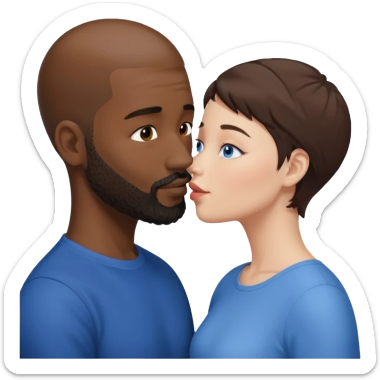 There is a white woman with short brown hair and blue eyes and a black man with no hair and a beard. The woman is giving a kiss to the forehead of the man sticker