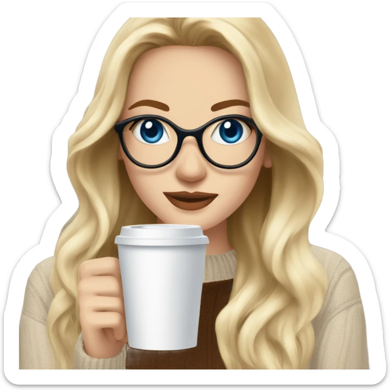 Blonde balayage long hair white women beige sweater blue eyes and small glasses holding coffee sticker