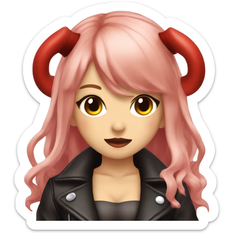 demon hime gyaru girl, red hair, devil horns, leather coat sticker