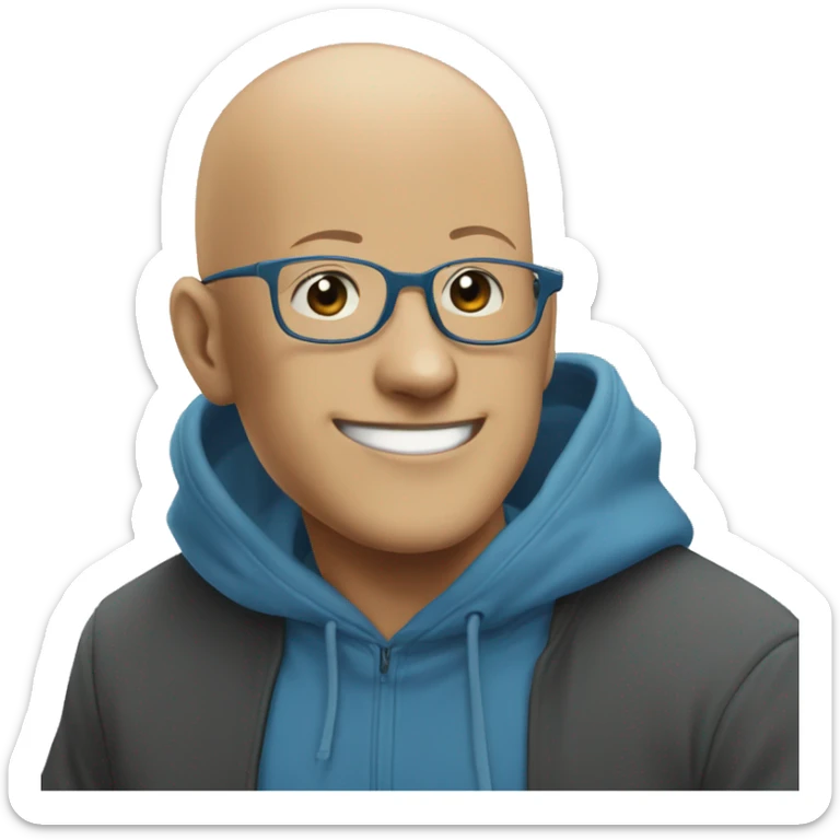 bald saitama in his 30s wearing glasses, smiling, in a blue hoodie sticker