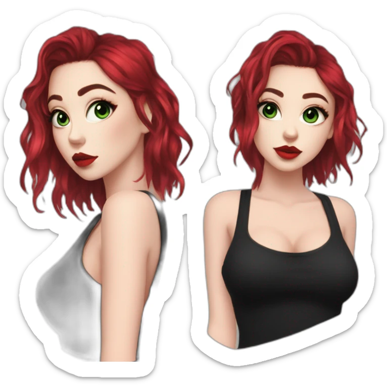 green hair, black outfit, white girl, red lips, portrait, e girl, short hair, black dress sticker