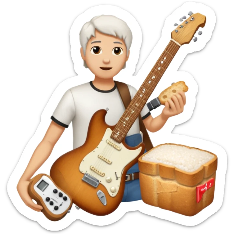 a bottle of salt (salt shaker) and a loaf of  bread with a small SG Gibson electric guitar sticker