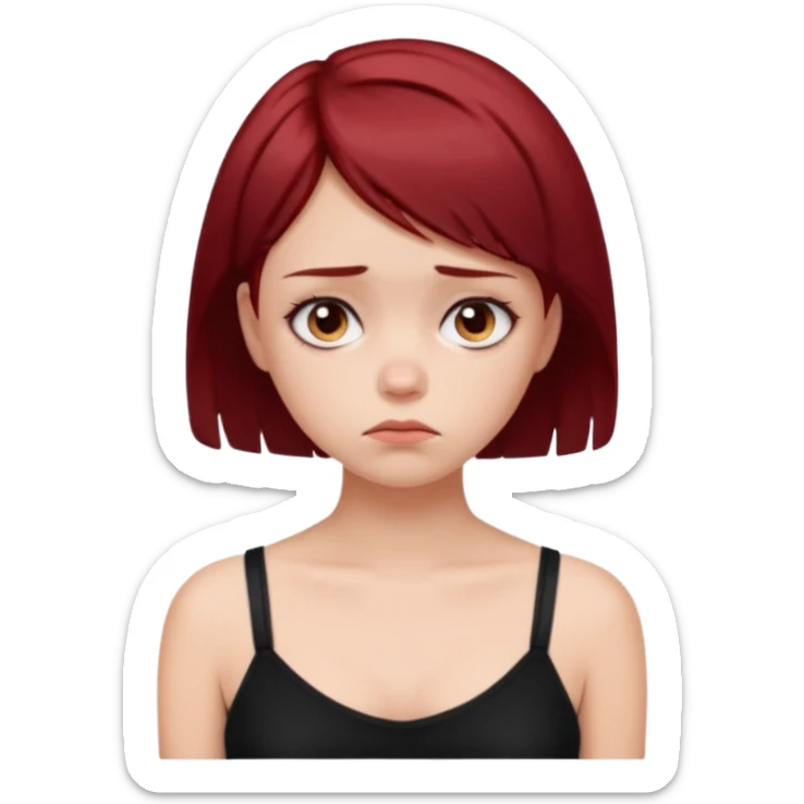 generate a pretty fair bratz girl with short dark red hair looking sad . Wearing a black cami sticker