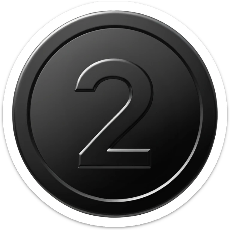 Emoji icon of a black coin with engraved number 2, minimalist style, isolated sticker