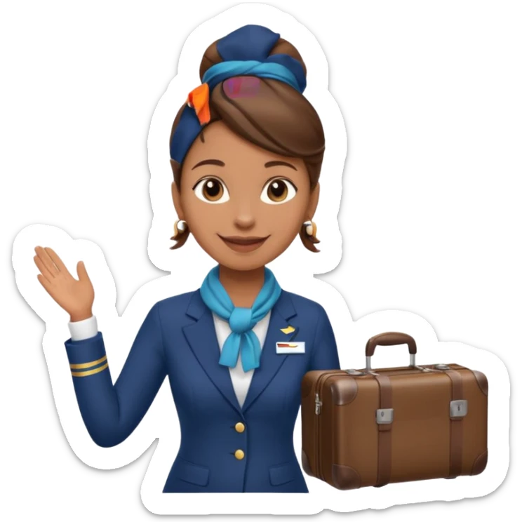 flight attendant, Light Brown skin, brown hair in single bun, neck scarf, suitcase sticker