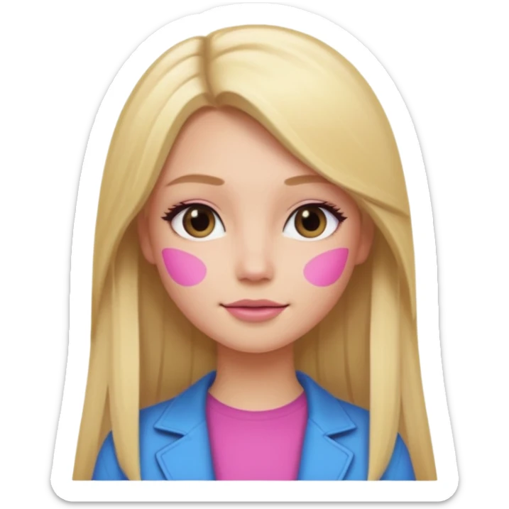 a blonde girl with long straight hair, pretty face, light day makeup wearing pink memoji sticker