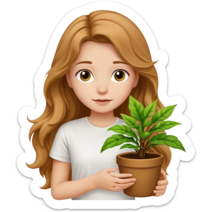 Girl with long light brown very very wavy hair and white t-shirt with plant sticker
