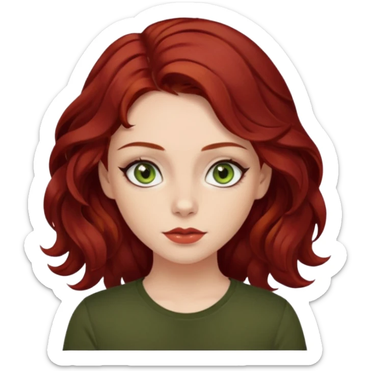 a pretty FAIR bratz girl with wavy dark red hair, wearing a black tee. eyeliner on, olive green eyes.  sticker