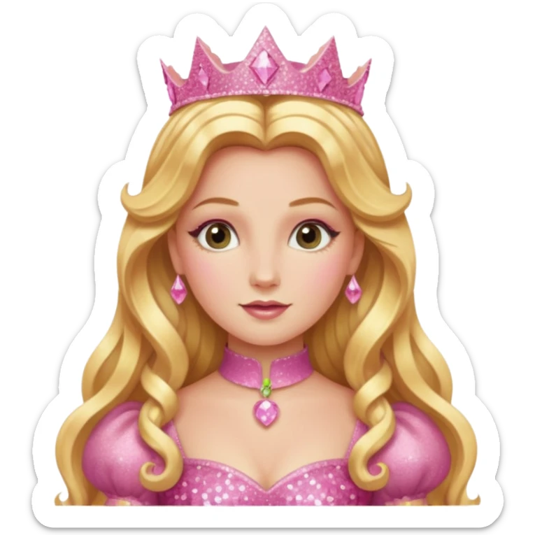 Glinda from The Wizard of Oz with long golden blonde hair, pink sequin outfit sticker