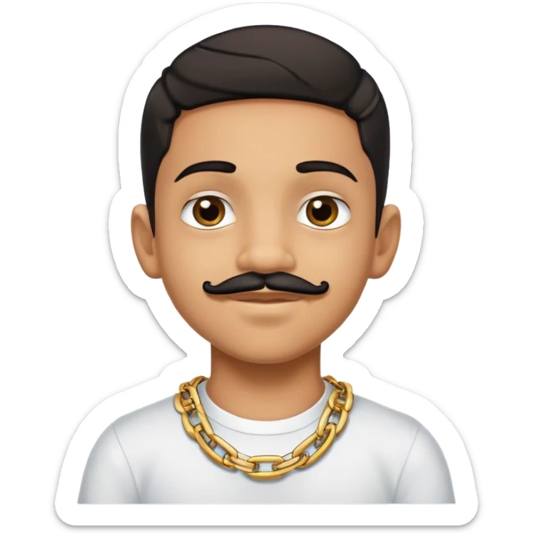 Latino boy with Latino skin and a black Edgar cut with braces and a gold chain and a small motache sticker