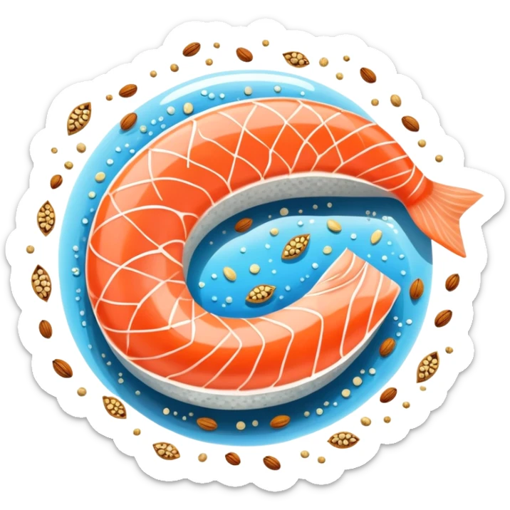 Floating arrangement of omega-3 rich foods: fresh salmon fillets, walnuts, flaxseeds, chia seeds and omega-3 capsules, all emitting a soft golden glow. The foods orbit around a central shimmering omega symbol, with gentle flowing energy connecting them. sticker