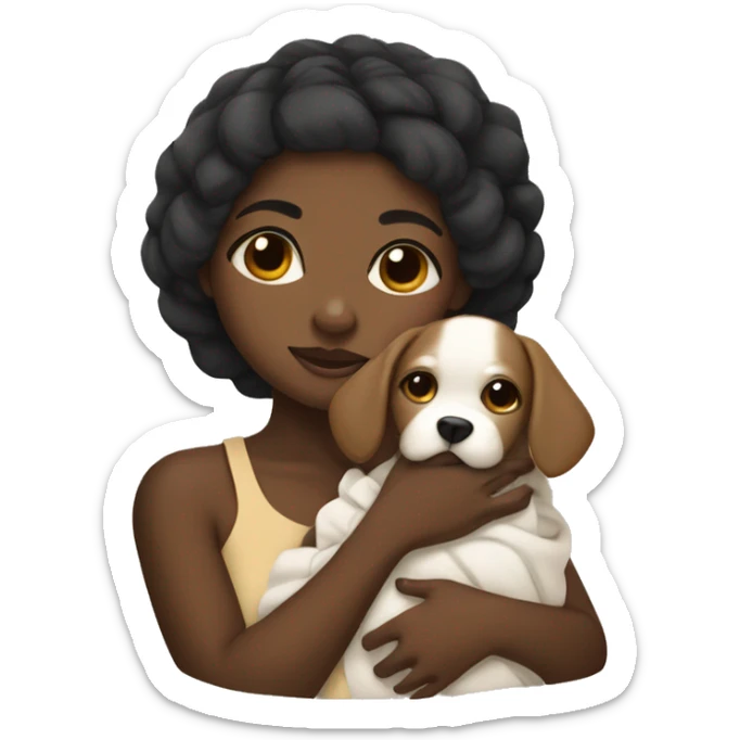 black girl wrapped in a banket with a puppy in her arms sticker