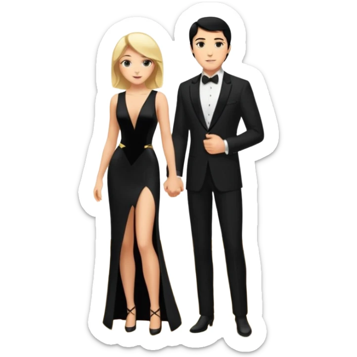Blonde woman, black, Long, tight, sleveless Dress, Slot left Leg, man, black Hair, in Dinner jacket, Background ballroom sticker