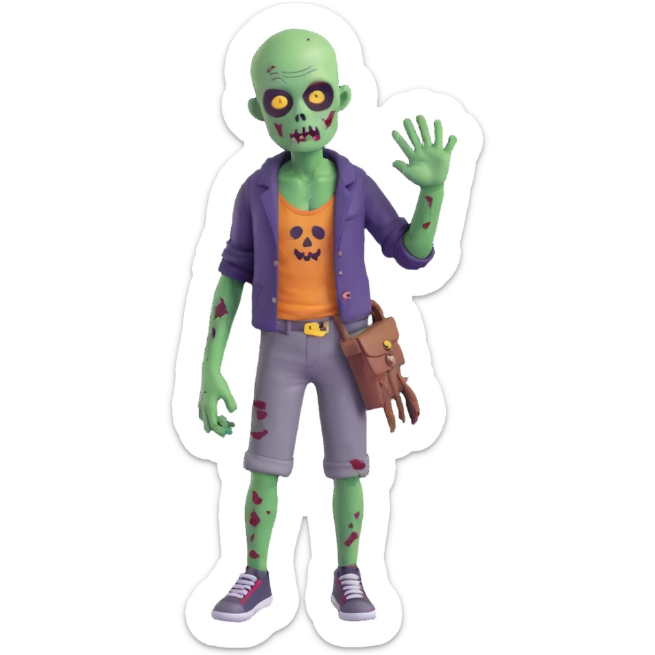 cute and spooky zombie boy, green skin, tattered clothes, 3D emoji style sticker