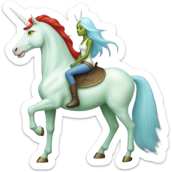 [politically incorrect
	{ woman: alien, color: light green, hair:red, eyes:cat} ]
	on a 
	[{ unicorn: white, legged:four, mane: light blue }] sticker