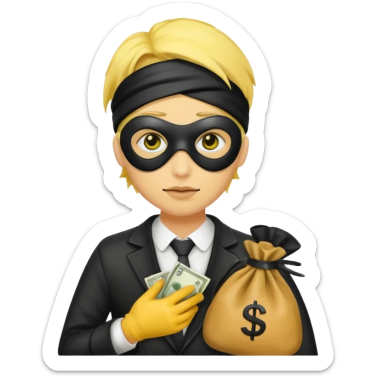 yellow skin robber wears black eye mask and carrying money bag sticker