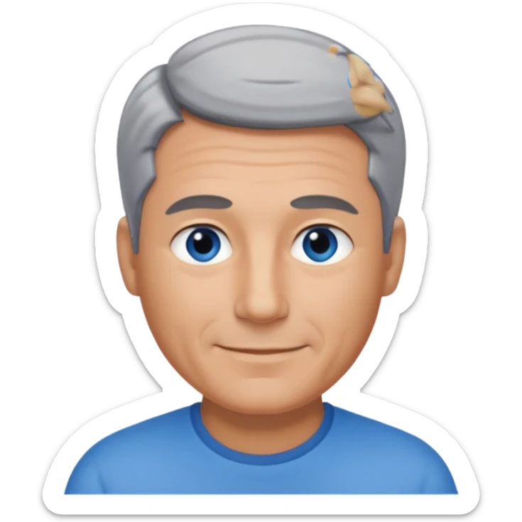 Middle aged man with tanned skin, little black to grey hair and no beard, blue eyes, shy smile sticker