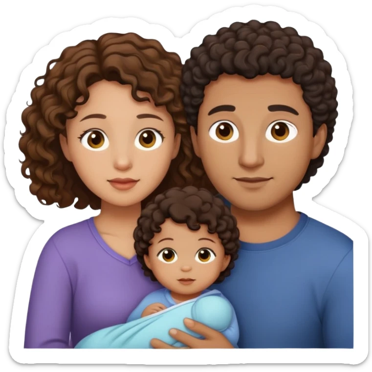 Family of 3 one parent male with light brown skin and brown eyes and black shorten hair other parent with fair skin Hazel eyes and long brown curly hair and the baby with light brown skin and hazel eyes  sticker