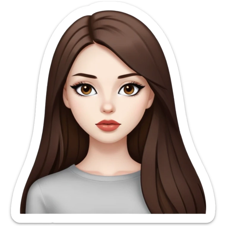 pretty baddie model, brown straight hair, cute lips, pale skin, long hair, dark brown eyes, bold black eyeliner sticker