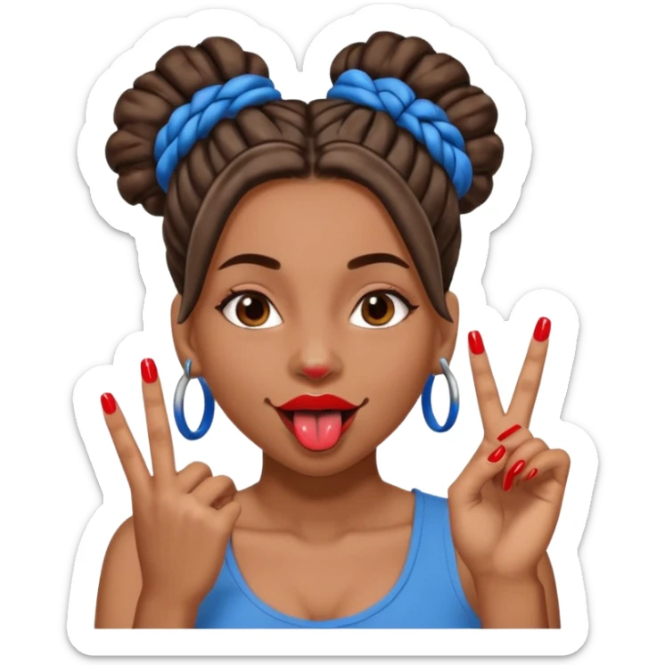 brown girl with blue locs in a bun with tongue out and red nails showing secomdnd finger sticker