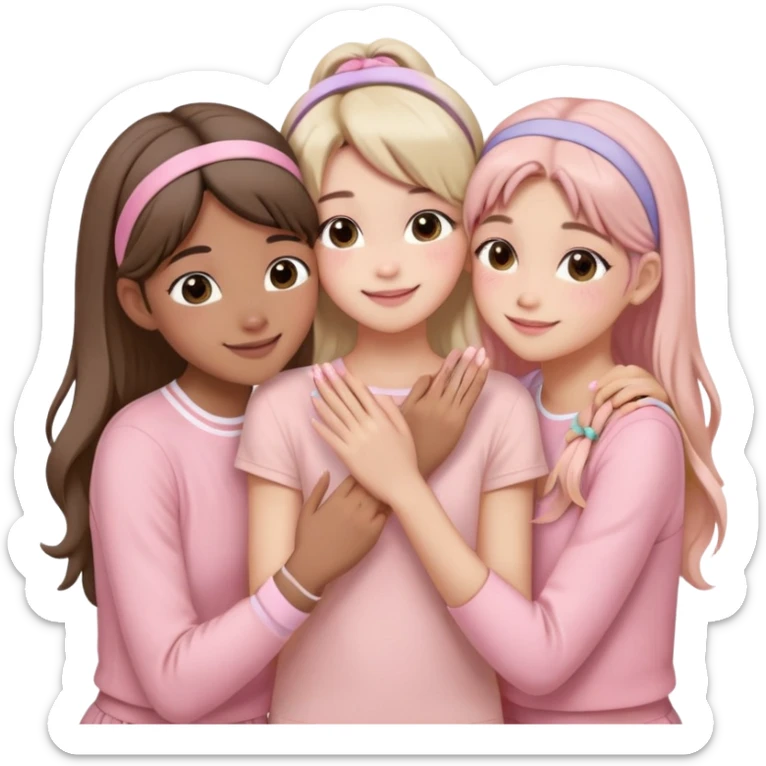 Four girls hugging each other, all wearing soft pink clothes, two with long hair and two with shoulder-length short hair, smiling, with hair accessories like headbands or ribbons, pastel color palette, soft shading, make someone pose with two fingers and someone kisses his cheek sticker