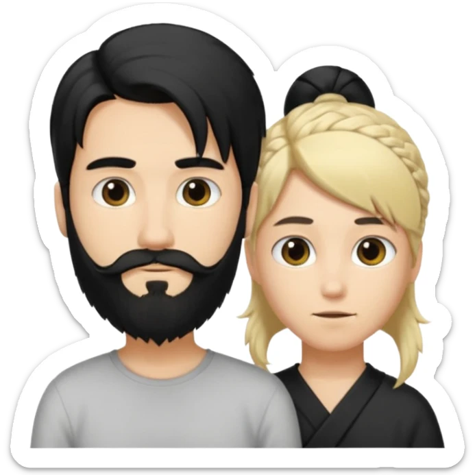 Man with long black hair tied in a tail and beard with a young blond short-haired without a beard sticker