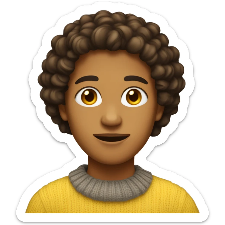 Tan skinned person with dark brown curly neck length hair wearing a yellow sweater  sticker