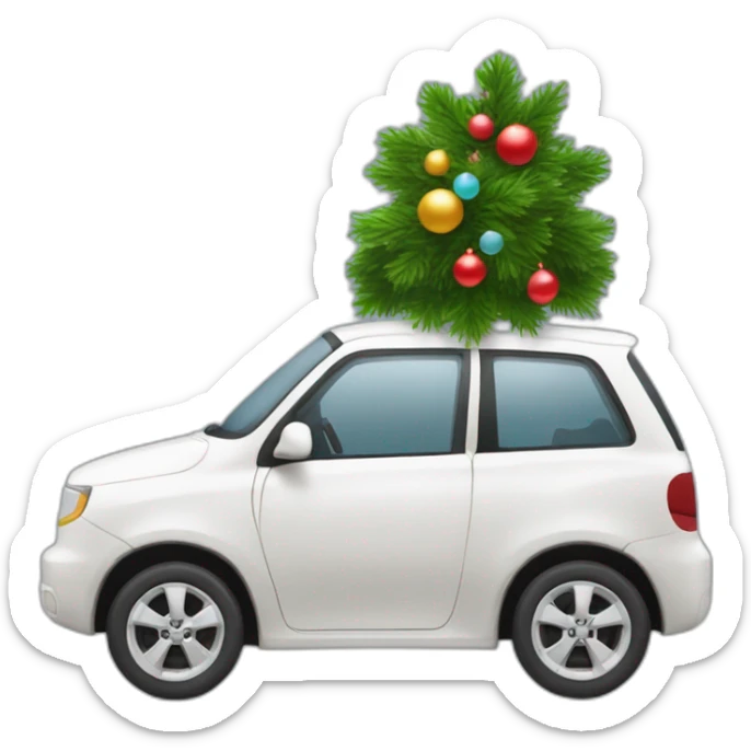 un emoji avec un sapin de noel et au pied un cadeau avec une voiture hybride sticker