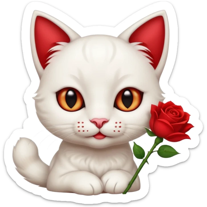 Cute emoji-style white cat holding a red rose in its mouth, big round eyes with visible white sclera, smaller pupils, soft warm brown irises, fluffy fur, clean mascot style, gentle cute expression, centered, transparent background, 1:1 ratio. sticker