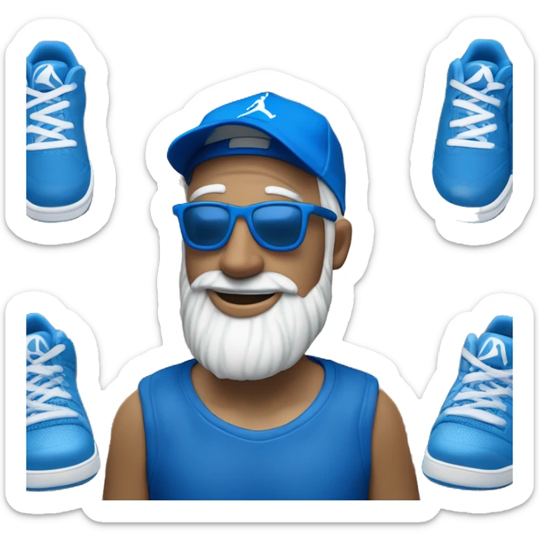 Homme de couleur blanche avec une barbe naissante portant des lunettes bleues , une casquette bleu , un survêtement Jordan bleu et des baskets bleues  sticker